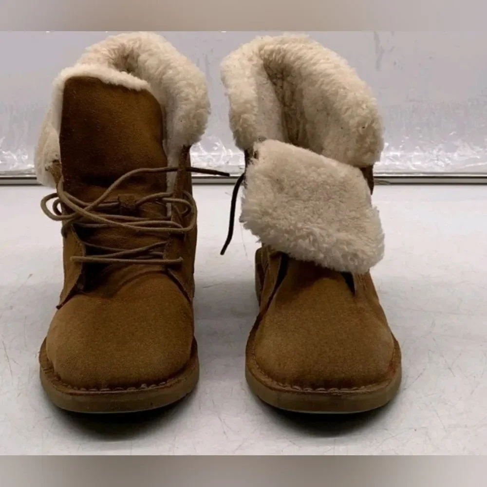 UGG Quincy Suede Sheepskin Fur Booties Lined Combat Boots Chestnut Women 9